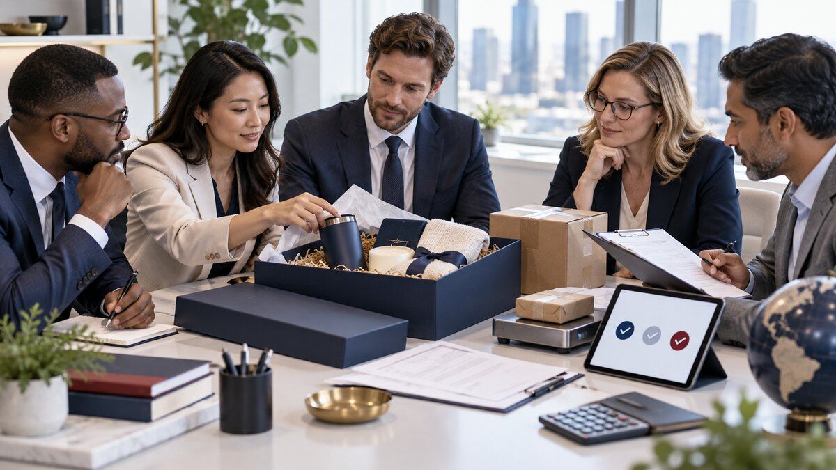 US finance, legal, people, procurement, and logistics teams reviewing corporate gift controls