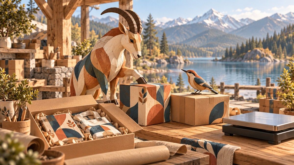 A carved wooden ibex and nuthatch inspect patterned gift parcels beside a weighing platform on a mountain-lake dispatch porch.