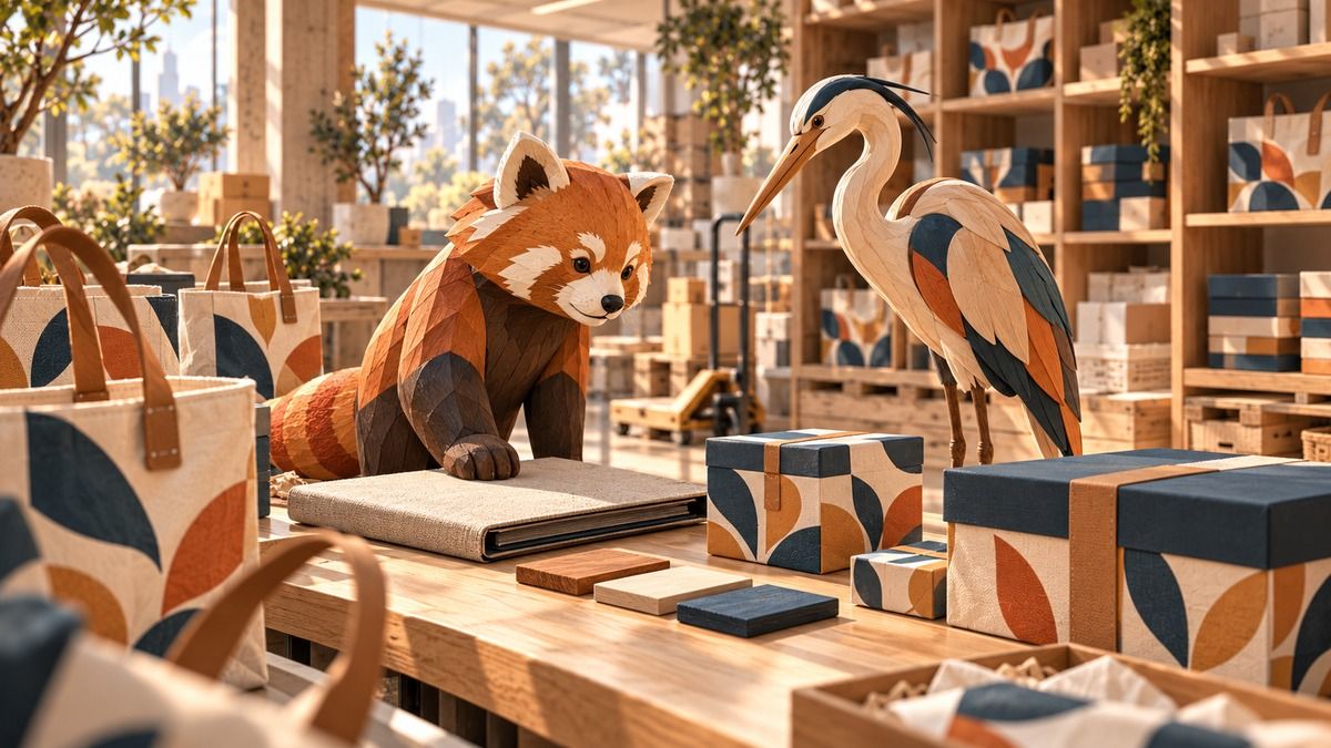 Carved wooden red panda and heron review a contract folio and patterned merchandise samples in a sunlit stockroom