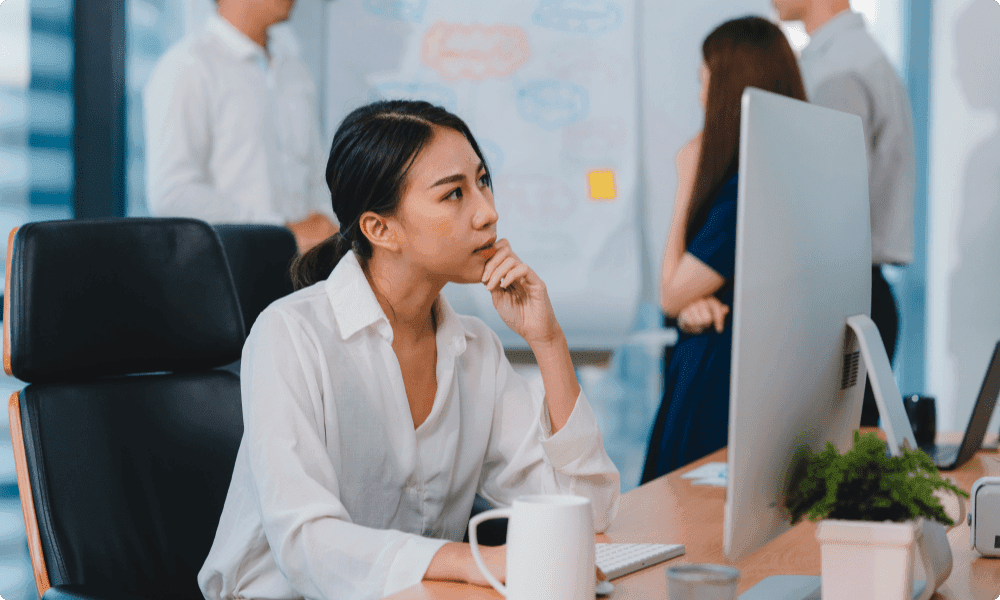 Woman thinking about words of appreciation for good work done by team