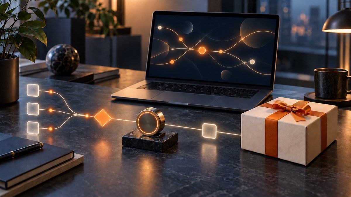 An abstract corporate gifting automation workflow connecting an approval control to an unbranded gift box